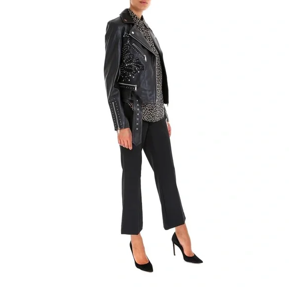 Like New MICHAEL Michael Kors Studdded Belt Biker Jacket 100% Real Lamb Leather - Picture 4 of 14
